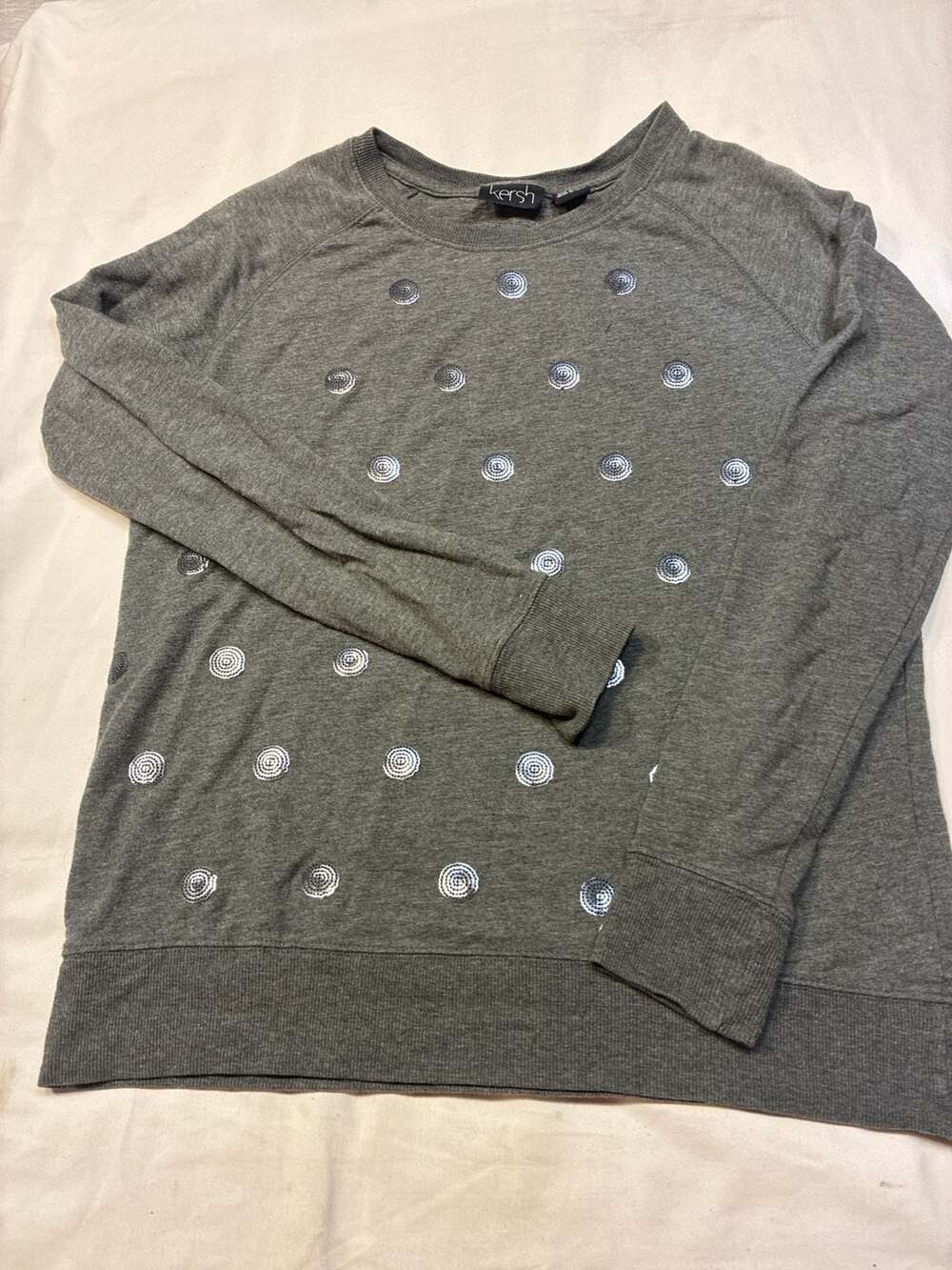 Kersh Gray Sequin Polka Dot Crewneck Long Sleeve Sweatshirt